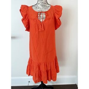 Joy Joy Orange Ruffle Flutter Sleeve Tiered Tassel Tie Neck Shift Dress Womens